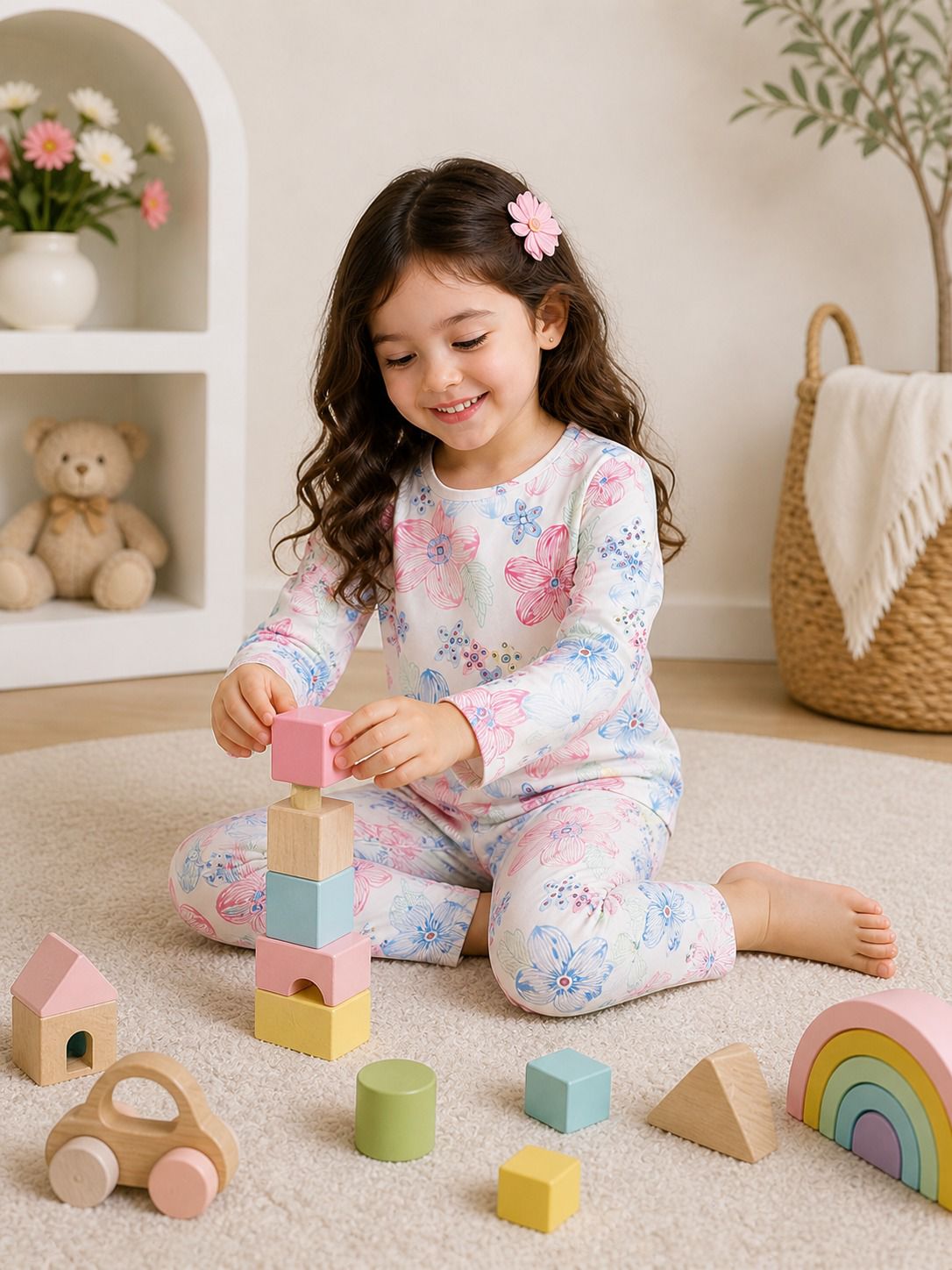 0000 Offwhite Big Flowers Printed Full Sleeves T-shirt with Flowers Pajama Kids Suits