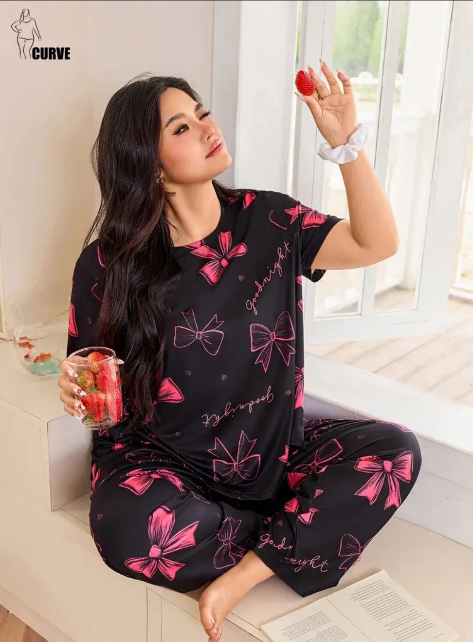 0000 Black All over Bow Printed Half Sleeves T-shirt With Panda Printed Pajama Suit