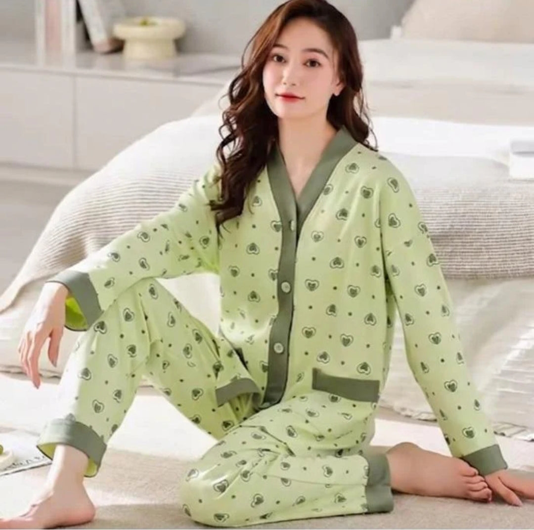 Green All Over Heart Printed Front Button Style For Her