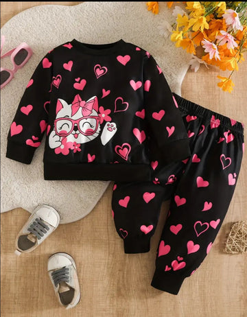 0000 Black Kitty Pink Heart Printed Sweatshirt With Pink Heart Black Fleece Trouser Tracksuit For Kids