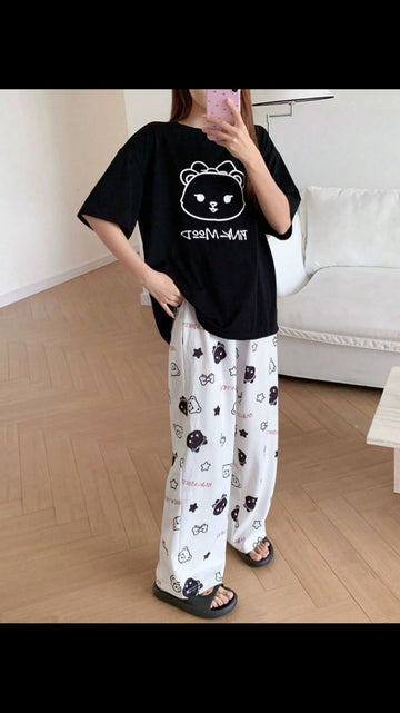 00001 Black Meow Face Print Half Sleeves With Printed Trouser