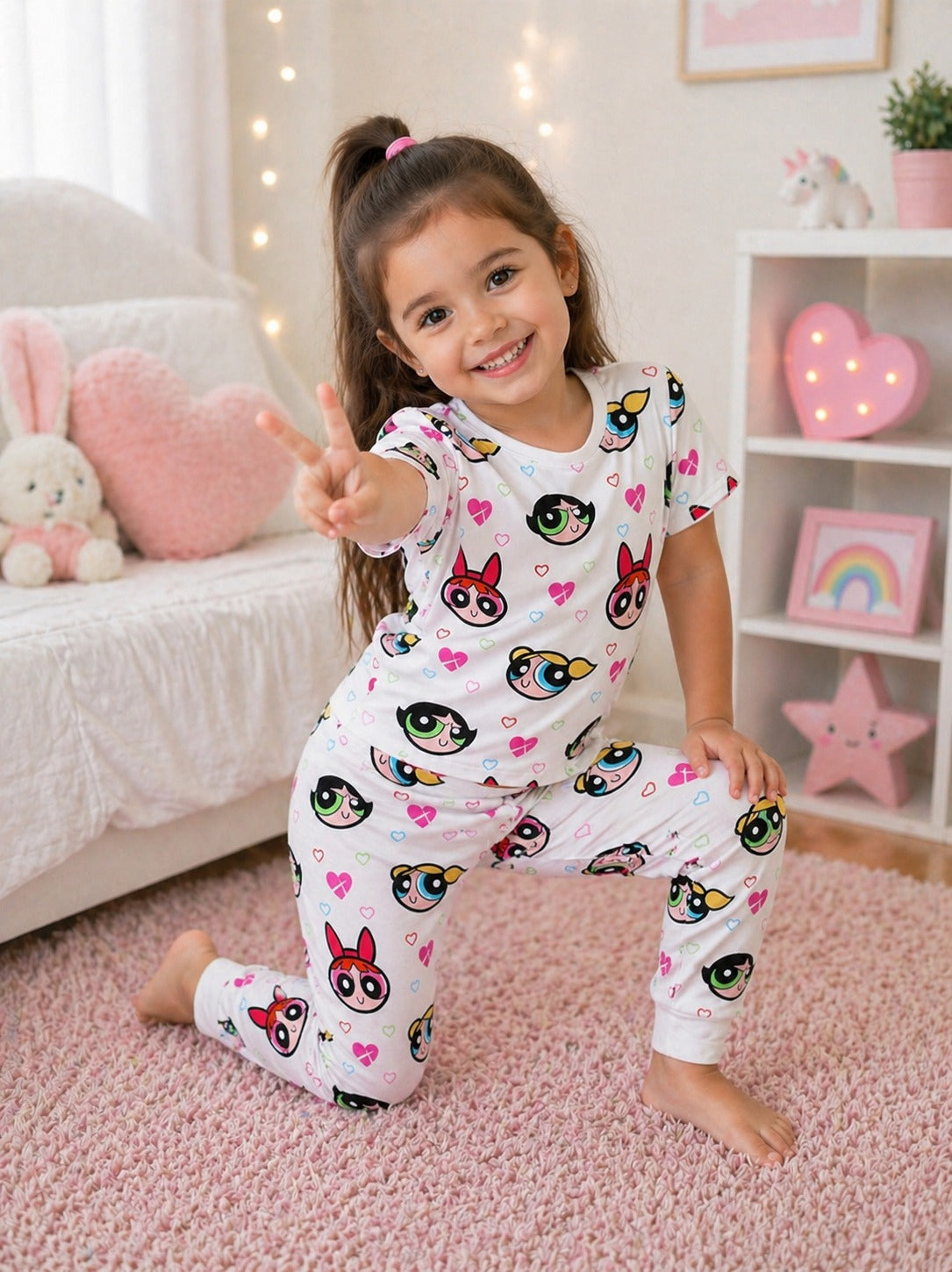 0000 Offwhite Power girls Printed Half Sleeves T-shirt with Power Girl Digital Printed Pajama Kids Suits