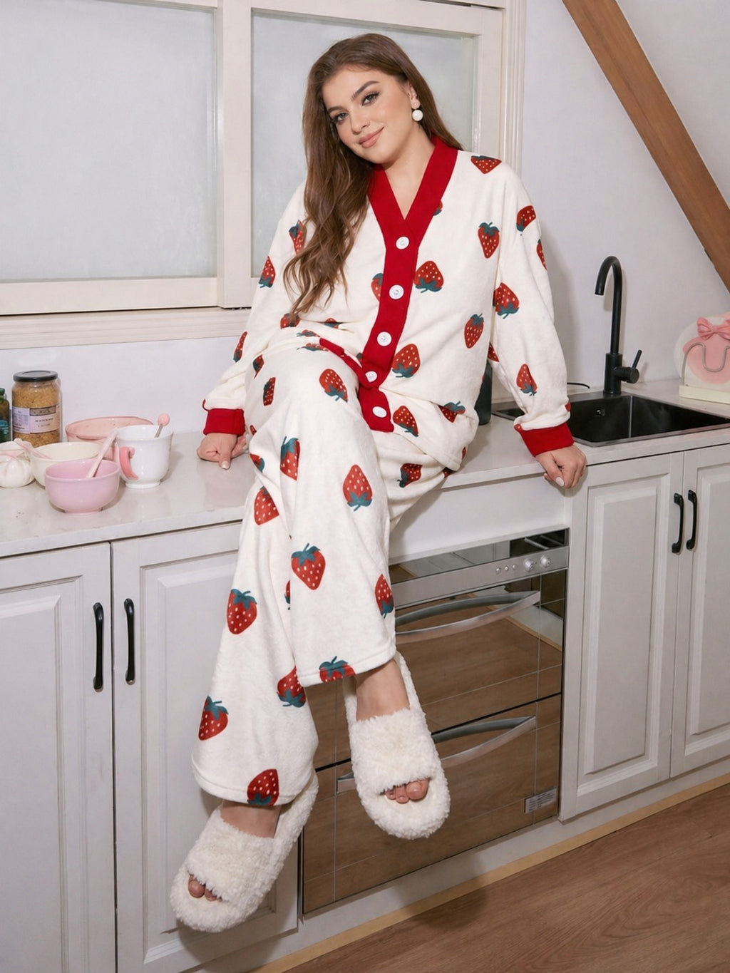 Offwhite All Over Strawberry Printed Front Button Style For Her