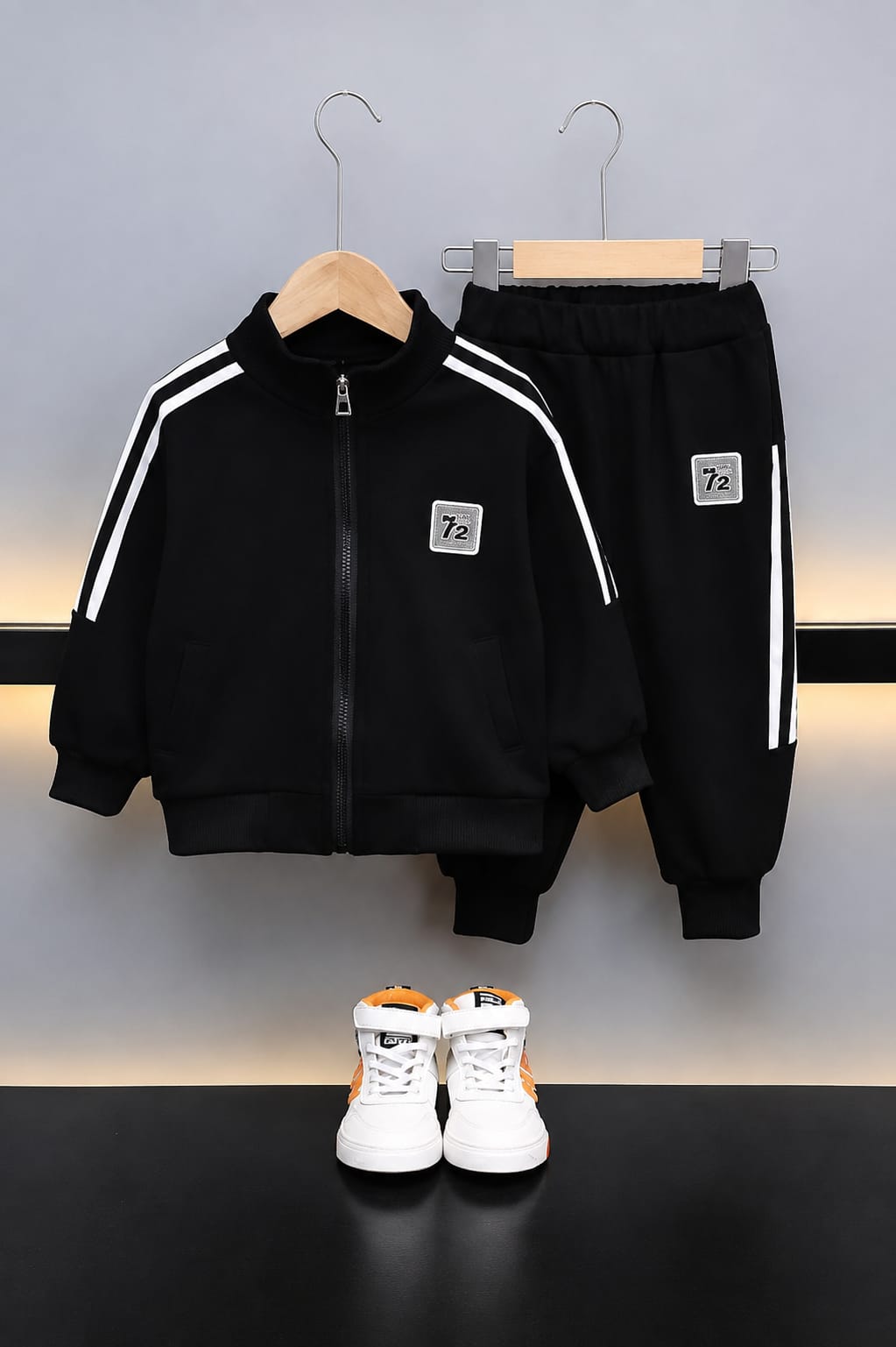 0000 Black White Strip 72 Printed Zipper Kids Tracksuit