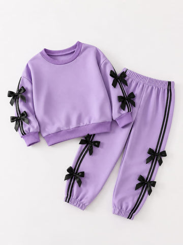 0000 Lilac Bow Strip Printed Sweatshirt With Lilac Bow Printed Fleece Trouser