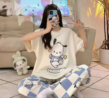00001 White POCHACCO Print Half Sleeves With Printed Trouser