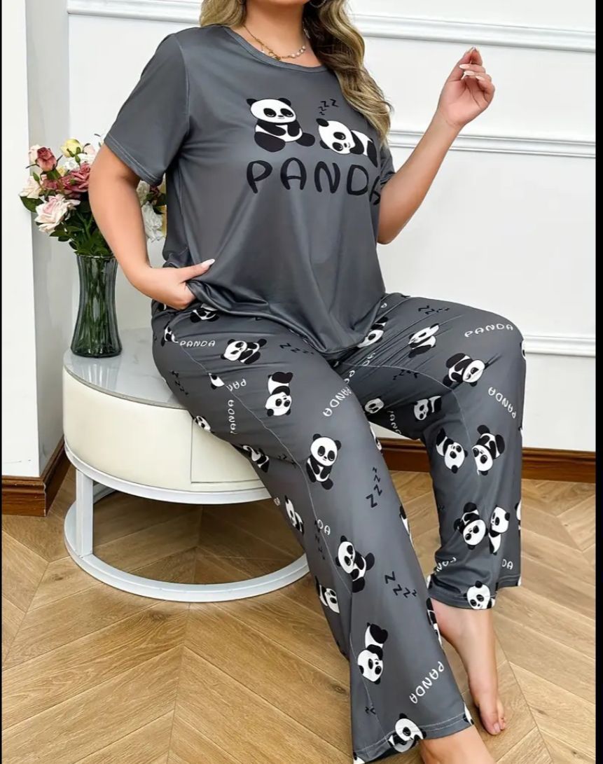 0000 Grey Panda Printed Half Sleeves T-shirt With Panda Printed Pajama Suit
