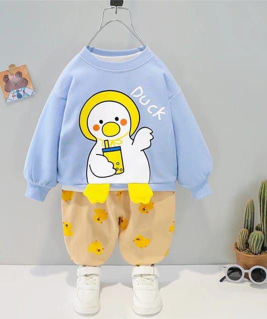 001 Blue Duck Print Sweatshirt With Orange Trouser For Kids
