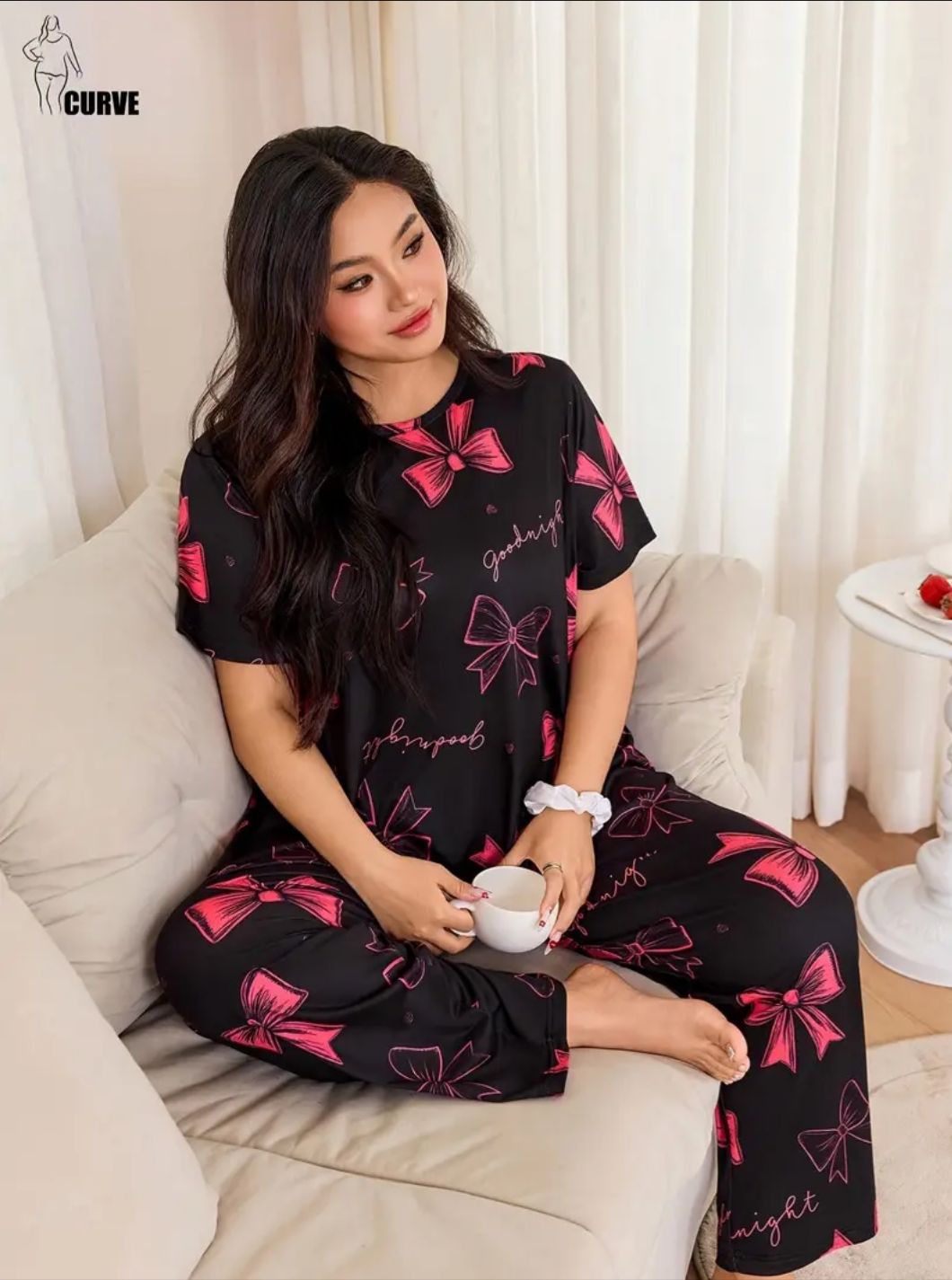 0000 Black All over Bow Printed Half Sleeves T-shirt With Panda Printed Pajama Suit