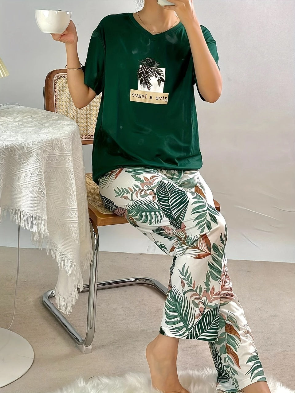 00001 Bottle Green Leaf Print Half Sleeves T-shirt With Printed Pajama Suit