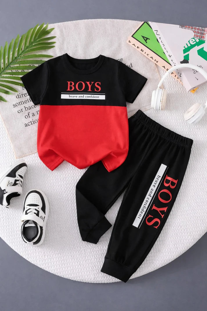 00001 Black Red Boys Printed Half Sleeves T-shirt with Black Printed Pajama Kids Suits