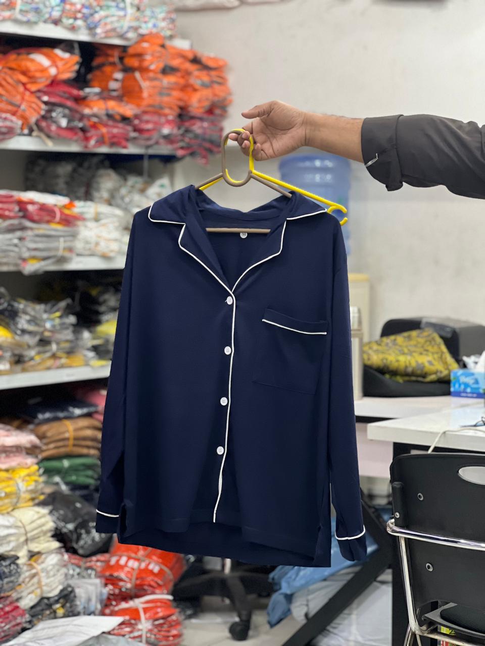 0000 Navy Blue Plain Front Button Full Sleeves With Matching Trouser High Quality Soft Jersy Cotton