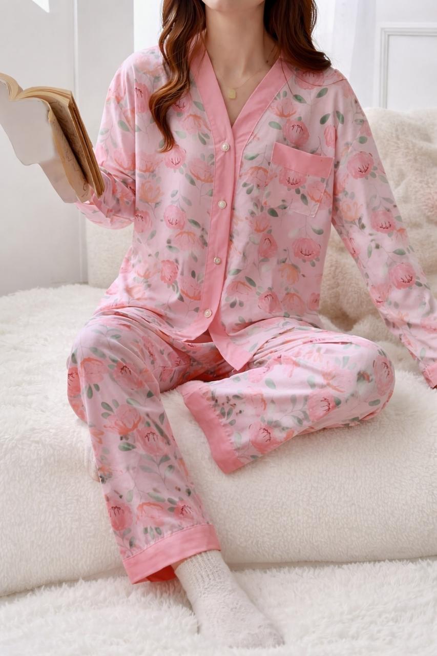 0000 Baby Pink Flowers Printed Front Button Style For Her