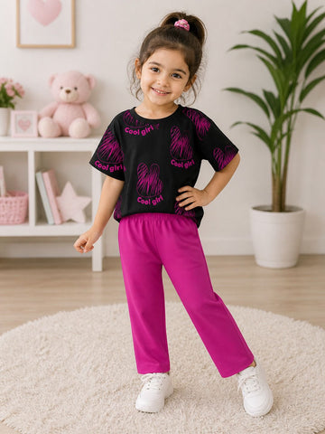 0000 Black Cool Girl Printed Half Sleeves T-shirt with Hot Pink Plain Pajama Kids Suits
