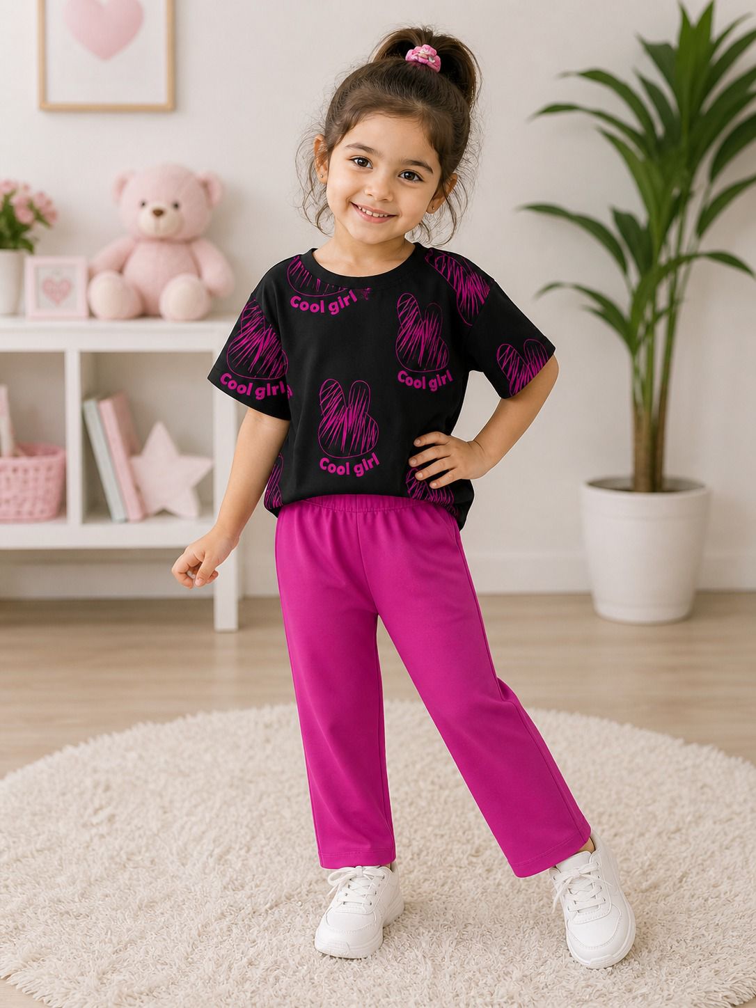 0000 Black Cool Girl Printed Half Sleeves T-shirt with Hot Pink Plain Pajama Kids Suits