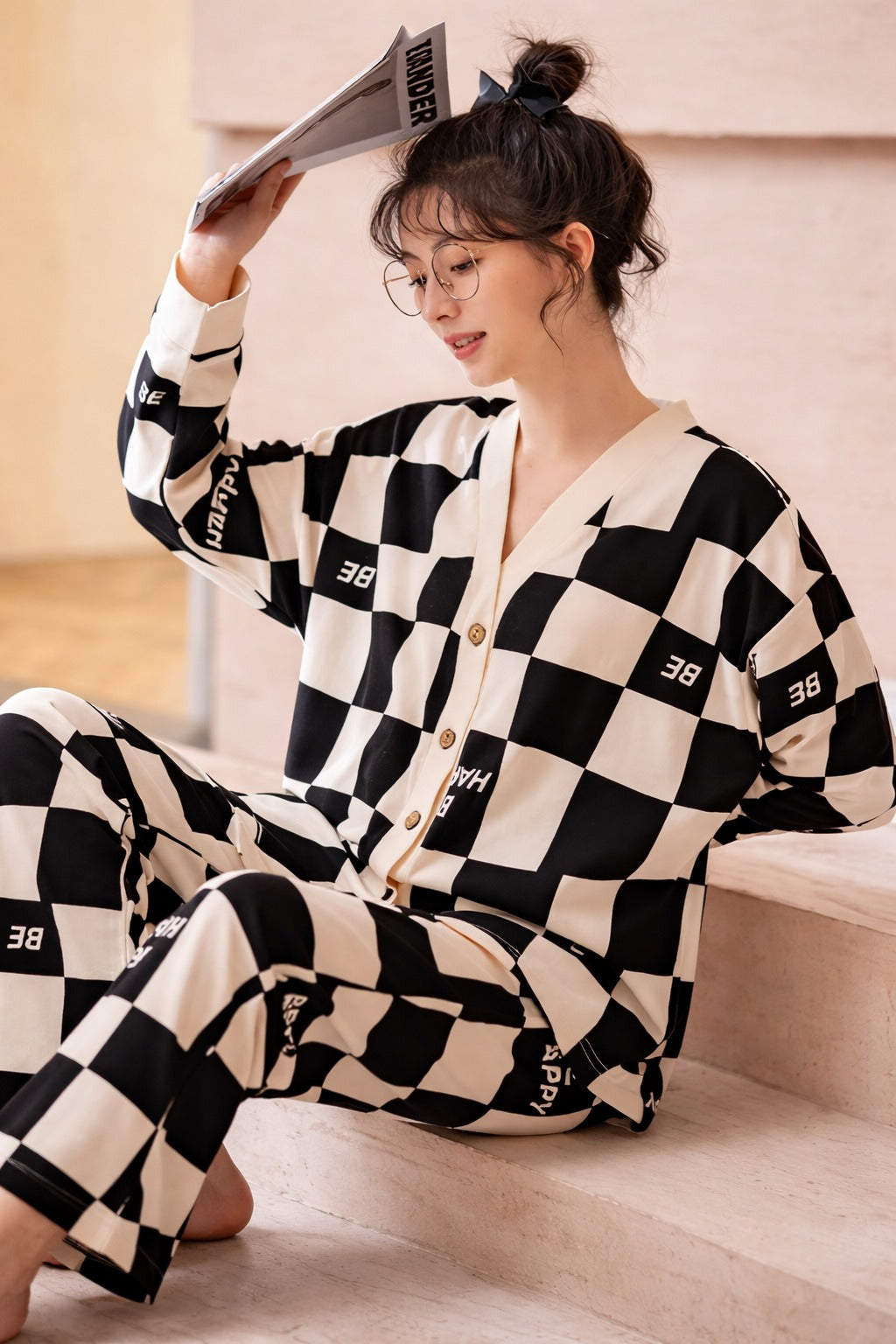 0001 Black Offwhite Check Happy be Printed Front Button Style For Her