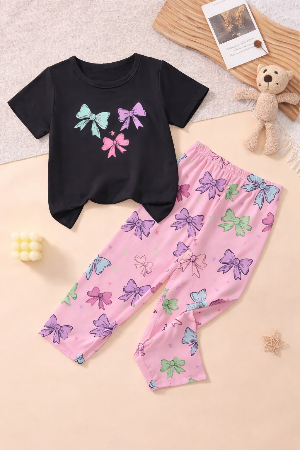00000 Black 3 Bow Printed Half Sleeves T-shirt with Lilac Bow Digital Printed Pajama Kids Suits