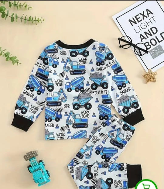 001 Baba Blue and White Big Truck Printed Full Sleeves T-shirt with Truck Printed Pajama Kids Suits (1 Pcs)