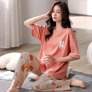 054 Peach Rabbit Printed Half Sleeves T-shirt With Printed Trouser