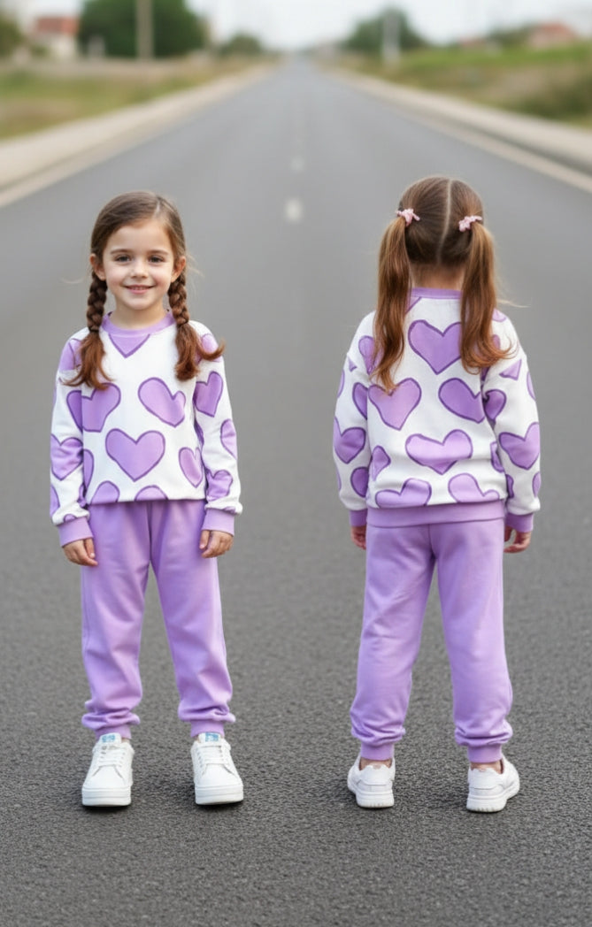 Offwhite Lilac Heart Printed Sweatshirt With Lilac Fleece Trouser Tracksuit For Kids