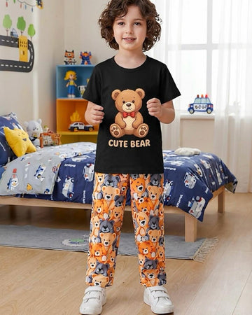 0000 Black Cute Bear Printed Half Sleeves T-shirt with Bear Printed Pajama Kids Suit