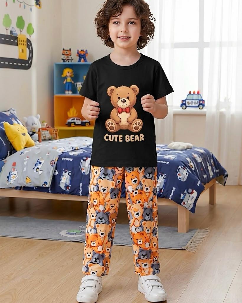 00000 A Black Cute Bear Printed Half Sleeves T-shirt with Bear Printed Pajama Kids Suit