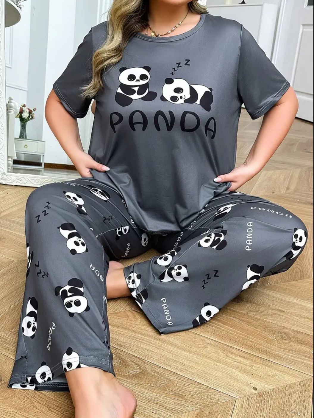 0000 Grey Panda Printed Half Sleeves T-shirt With Panda Printed Pajama Suit