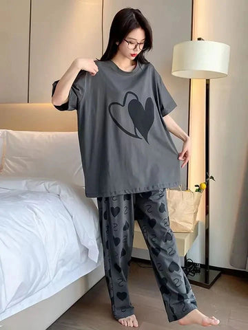 009 Grey Black Double Heart Half Sleeves T-shirt With Printed Trouser