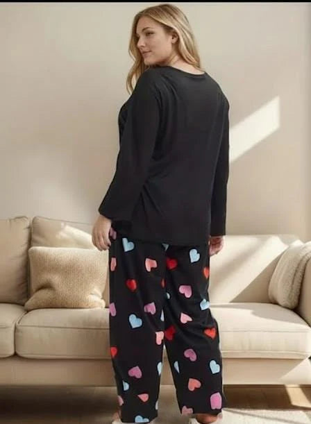 00000 Black Multi Hearts Print Full Sleeves Night Suit