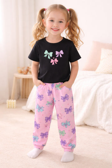 00000 Black 3 Bow Printed Half Sleeves T-shirt with Lilac Bow Digital Printed Pajama Kids Suits