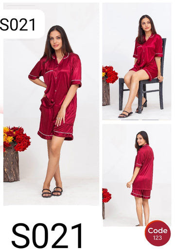 Maroon Silk Half Sleeves With Boxer Nightwear