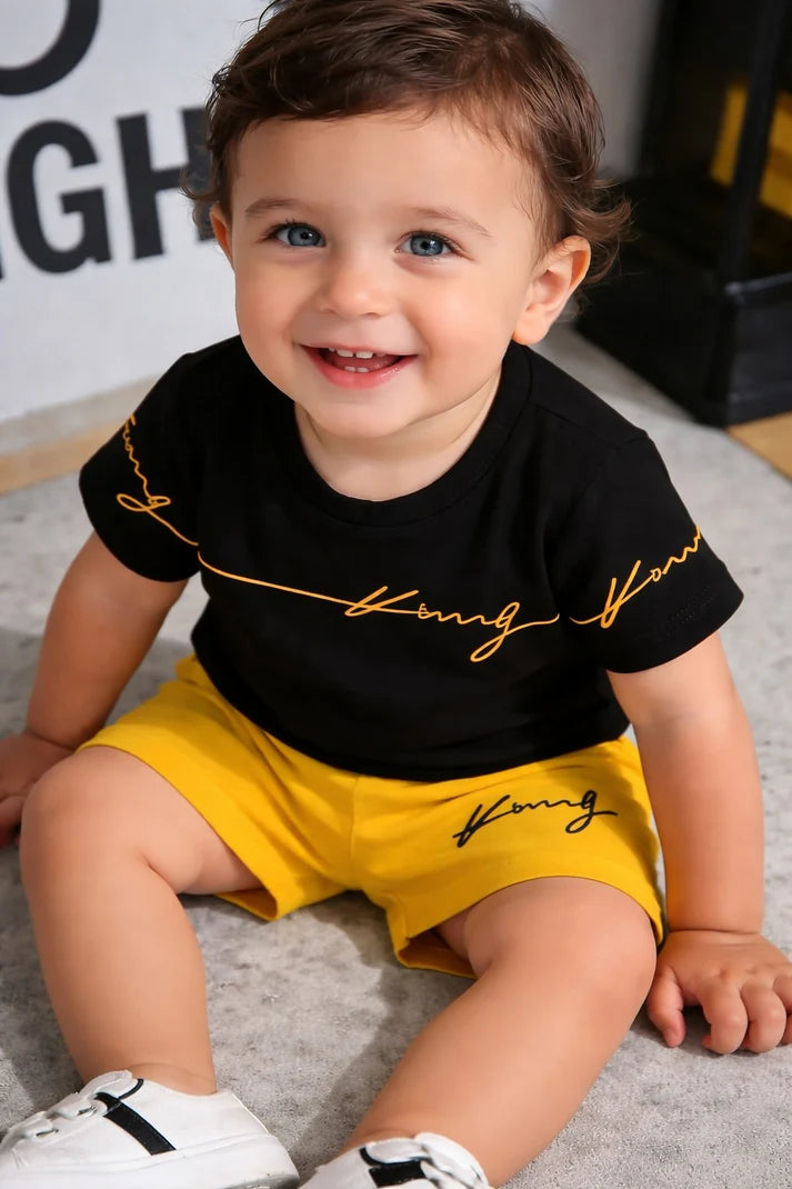 0000 Black King Printed Half Sleeves T-shirt with Yellow Printed Shorts Kids Suits