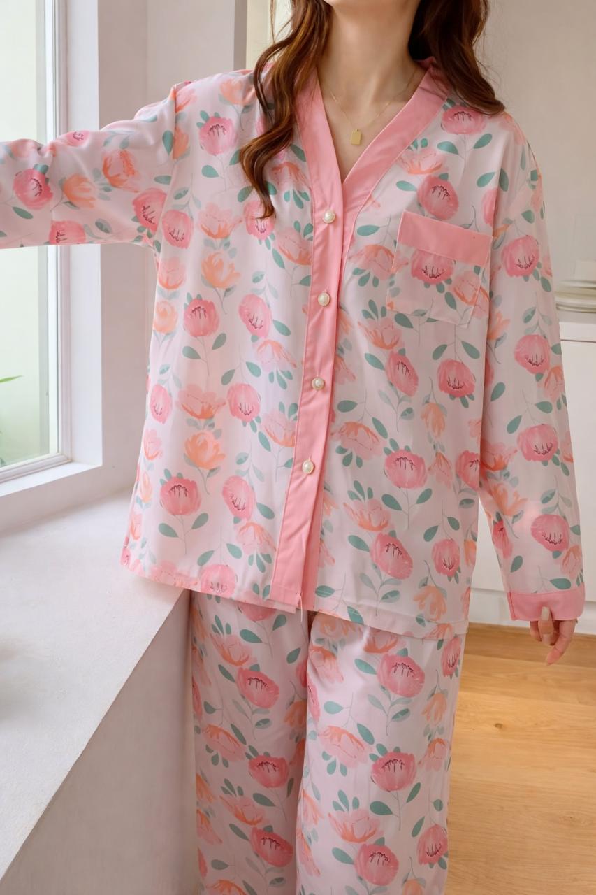 Baby Pink Flowers Printed Front Button Style For Her