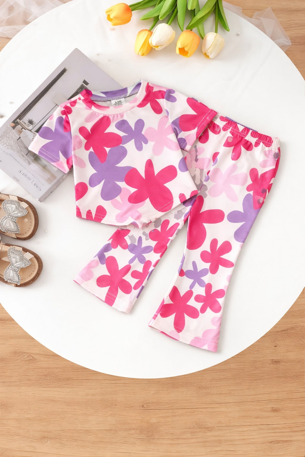 00000 Offwhite Multi Flower Printed Half Sleeves T-shirt with Flower Digital Printed Pajama Kids Suits