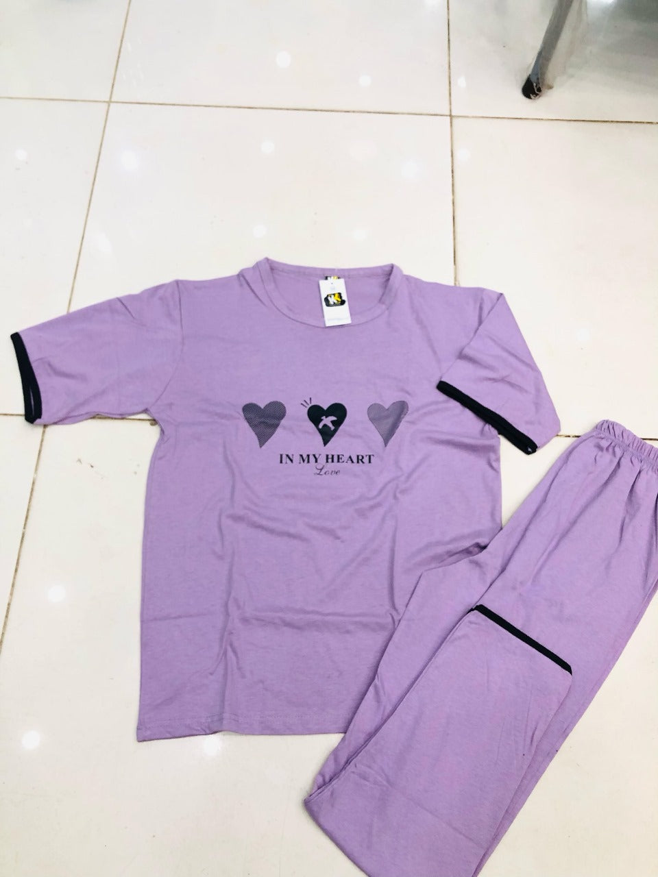 00001 Purple In My Heart Print Half Sleeves With Plain Trouser