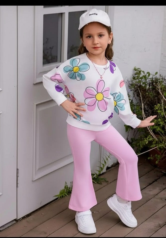 0001 Offwhite Multi Flower Printed Sweatshirt With Baby Pink Fleece Trouser Tracksuit For Kids