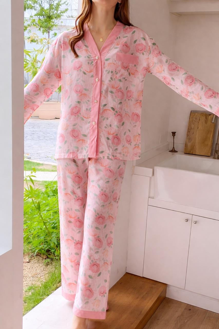 0000 Baby Pink Flowers Printed Front Button Style For Her