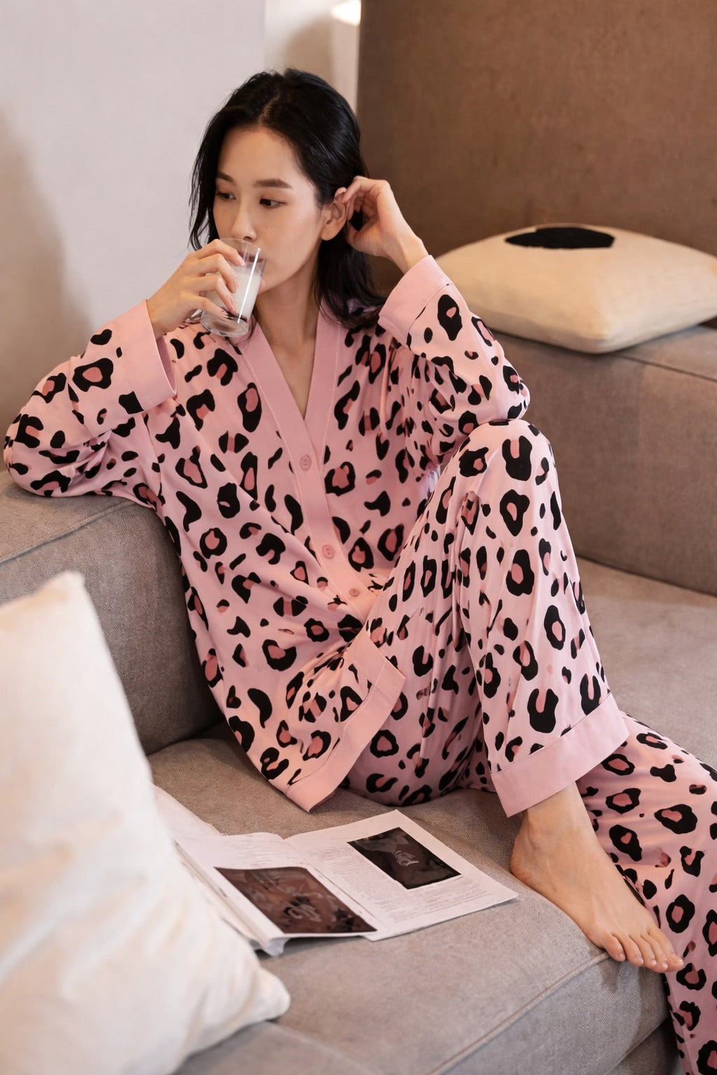 0001 Baby Pink Cheetah Printed Front Button Style For Her