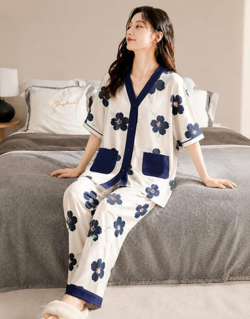 0000 Offwhite Navy Blue Flower Front Pocket Printed Front Button Style For Her