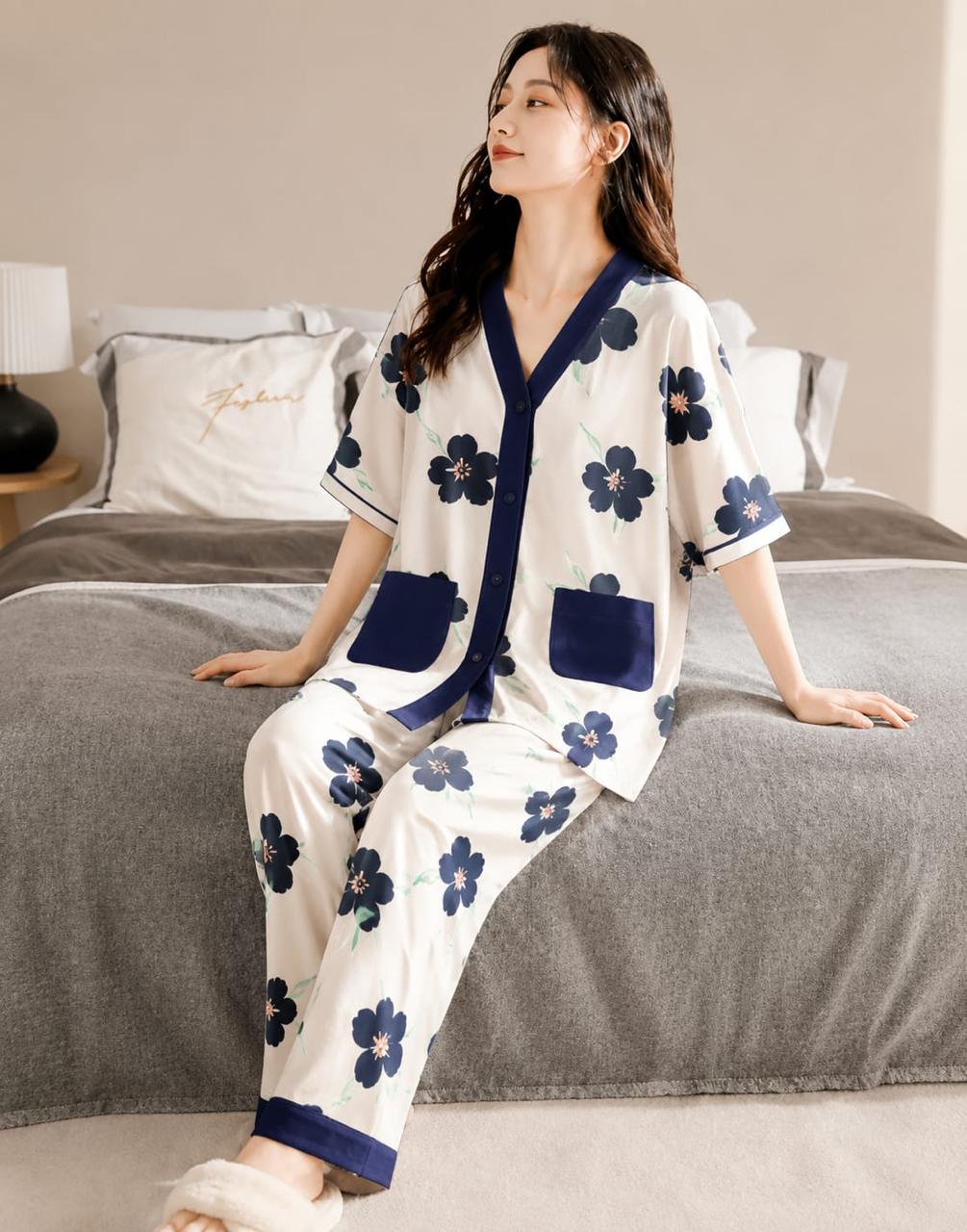 Offwhite Navy Blue Flower Front Pocket Printed Front Button Style For Her