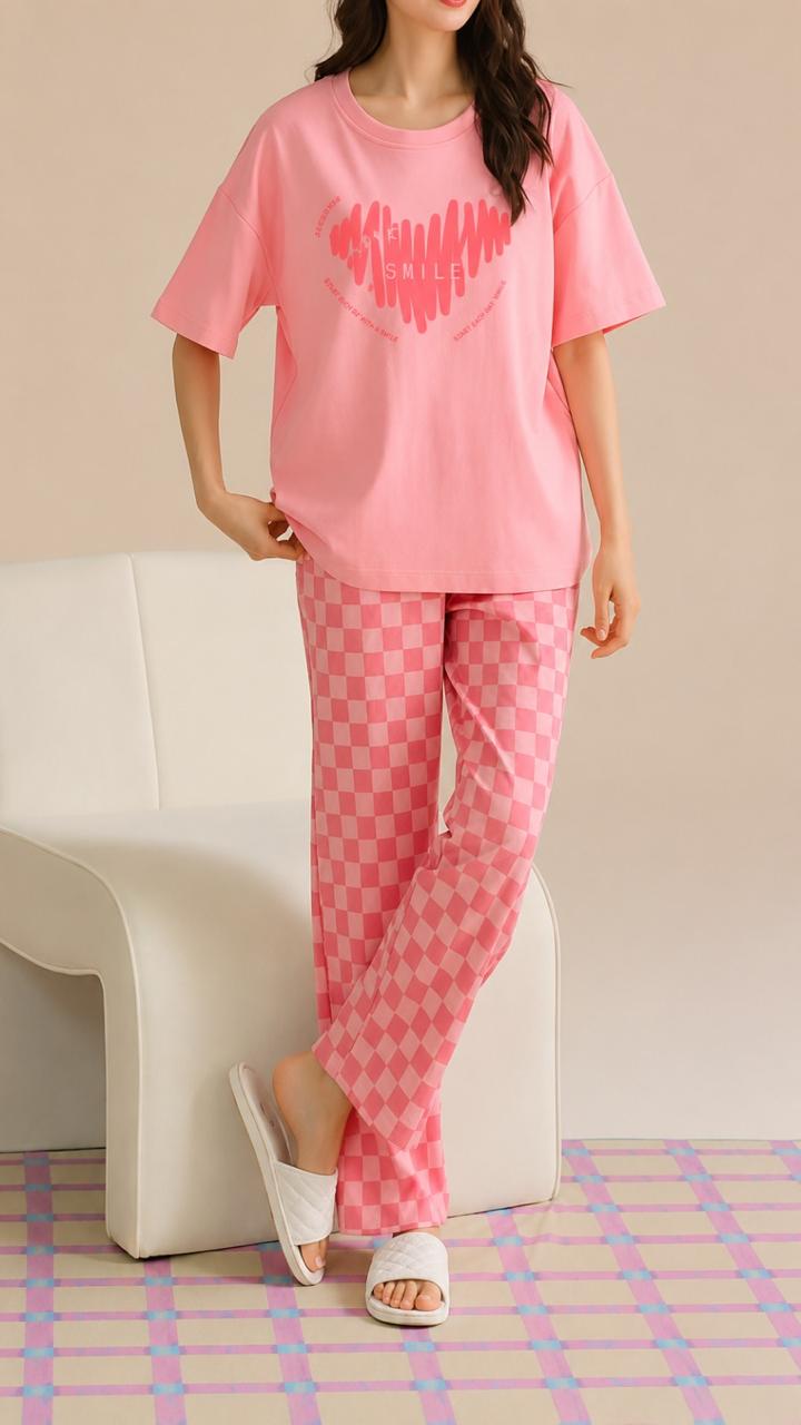 0000 A Pink Smile Heart Printed Half Sleeves T-shirt With Check Printed Pajama Suit