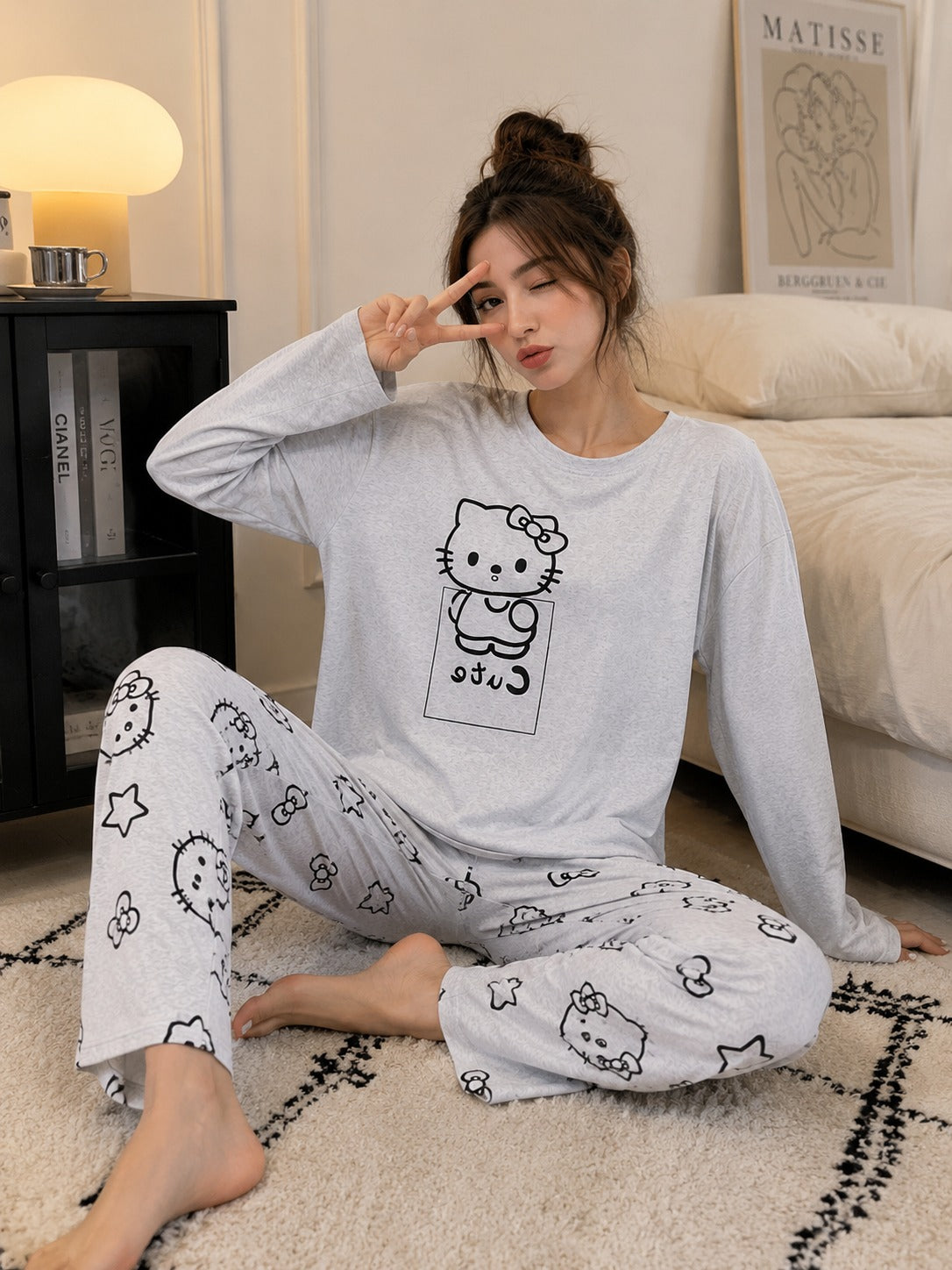 0000 Grey Kitty Printed Full Sleeves T-shirt With Kitty Printed Pajama Suit