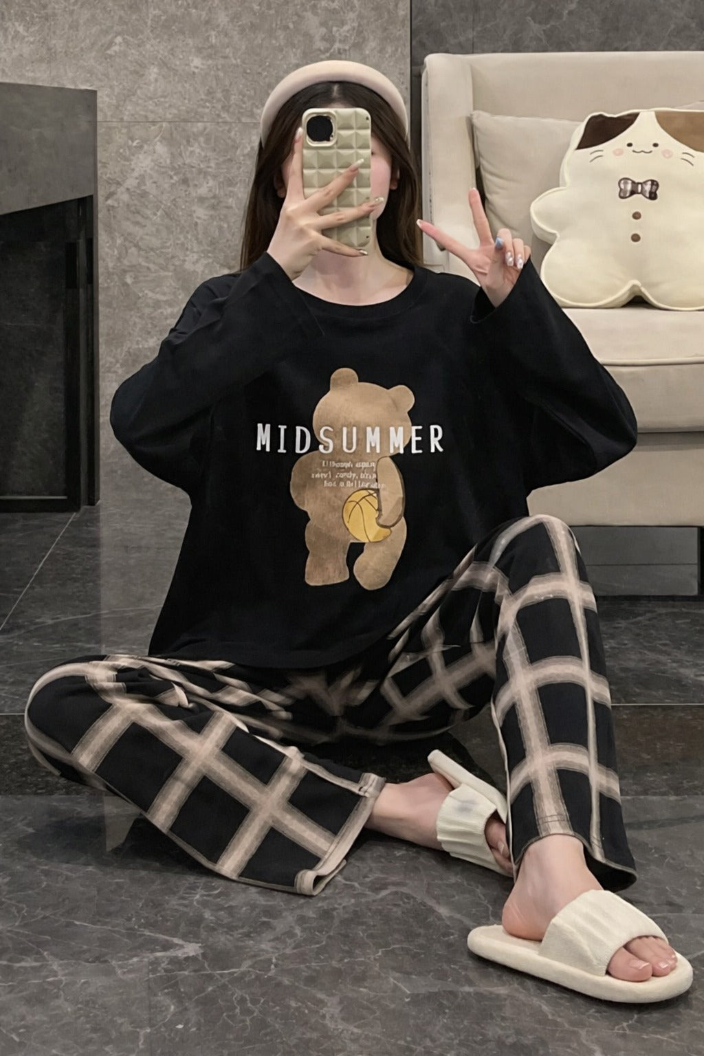 0000 Black Mid Summer Bear Printed Full Sleeves T-shirt With check Printed Pajama Suit