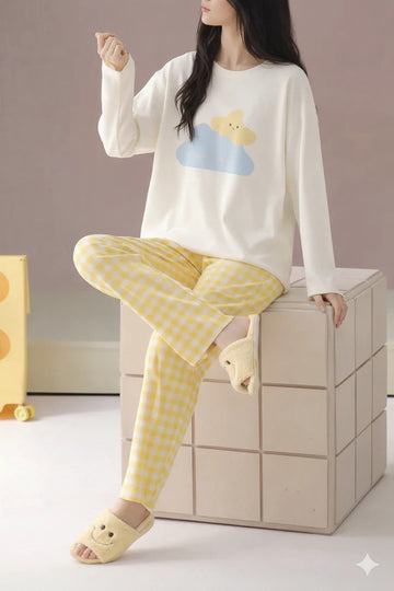 0000 White With Clound And Star Print Full Sleeves Night Suit