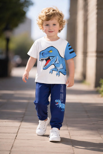 00001 Offwhite Dragon Printed Half Sleeves T-shirt with Blue Printed Pajama Kids Suits