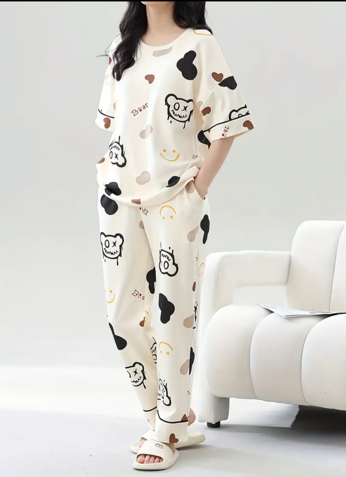 0000 Offwhite Monster Printed Half Sleeves T-shirt With Printed Pajama Suit