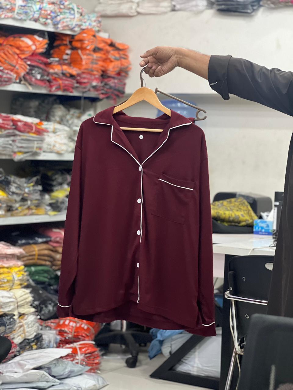 0000 Maroon Plain Front Button Full Sleeves With Matching Trouser High Quality Soft Jersy Cotton