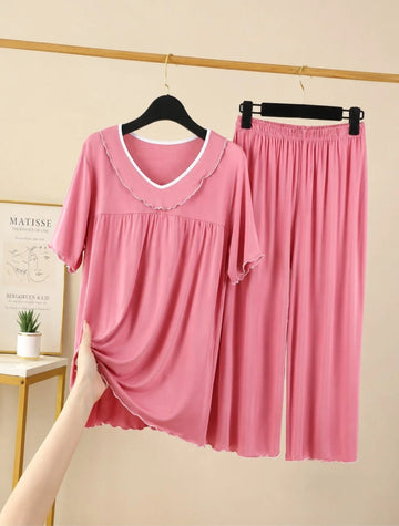 0000 Baby Pink V-Neck Frill Style Half Sleeves T-shirt With Plazzo Style Pajama Suit