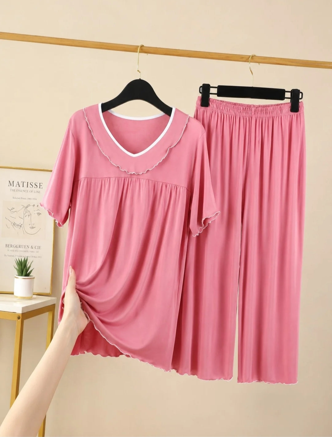 0000 Baby Pink V-Neck Frill Style Half Sleeves T-shirt With Plazzo Style Pajama Suit