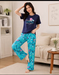 0000 Navy Blue Flower Printed Half Sleeves T-shirt With Blue Floral Printed Pajama Suit